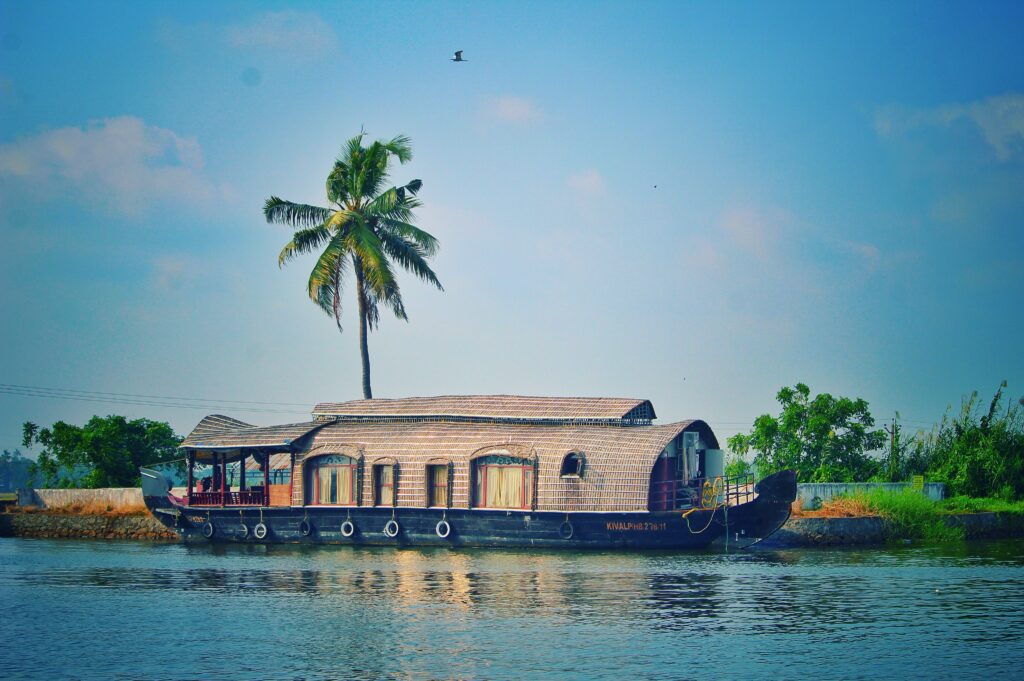 Houseboat on the river among exotic nature